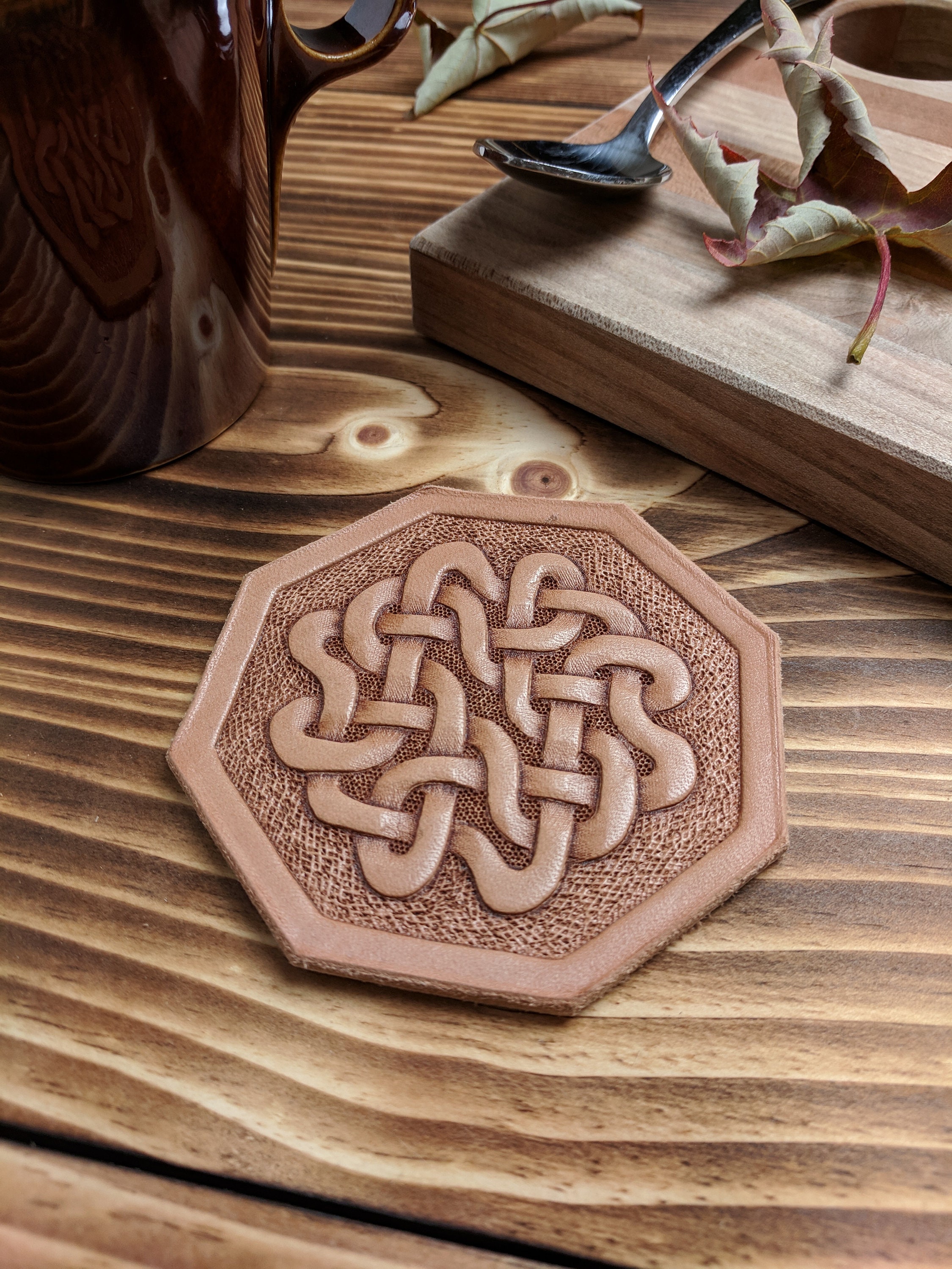 Hand Tooled Leather Coffee Coaster with Celtic Knot Design