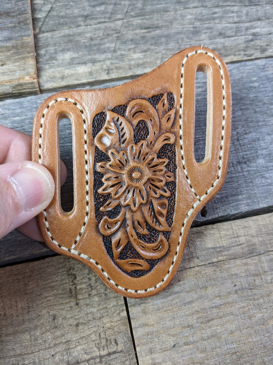 Tooled Leather Knife Sheath With Western Flower Design for Trapper