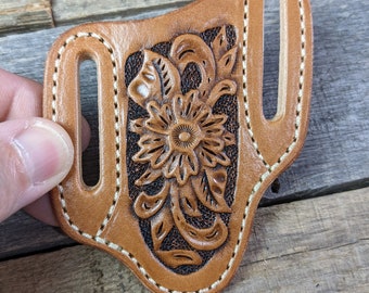 Tooled Leather Knife Sheath with Western Flower Design for Trapper Style Folding Pocket Knife