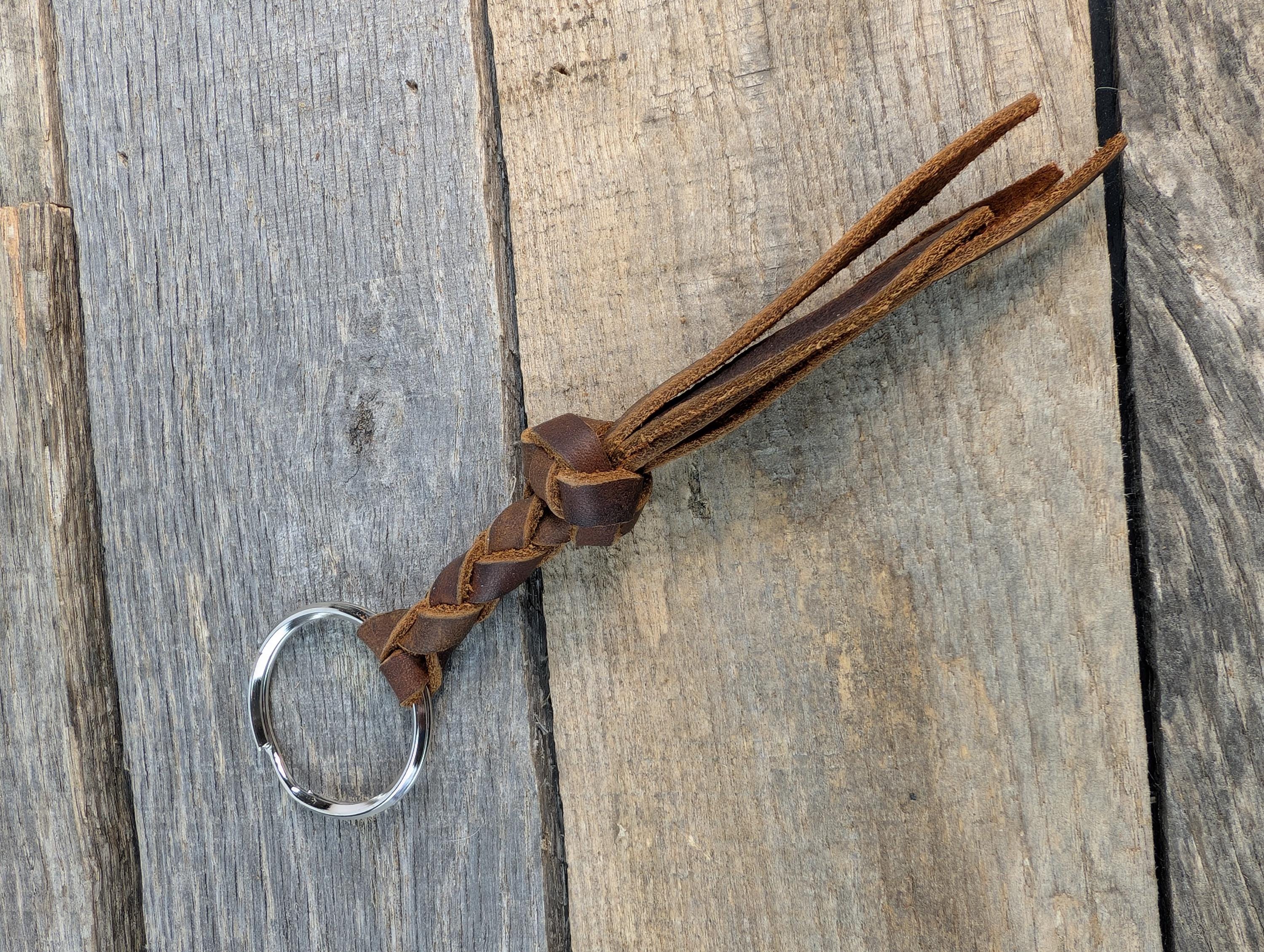 Brown Braided Leather Keychain Round Braid With Turk's Head Knot