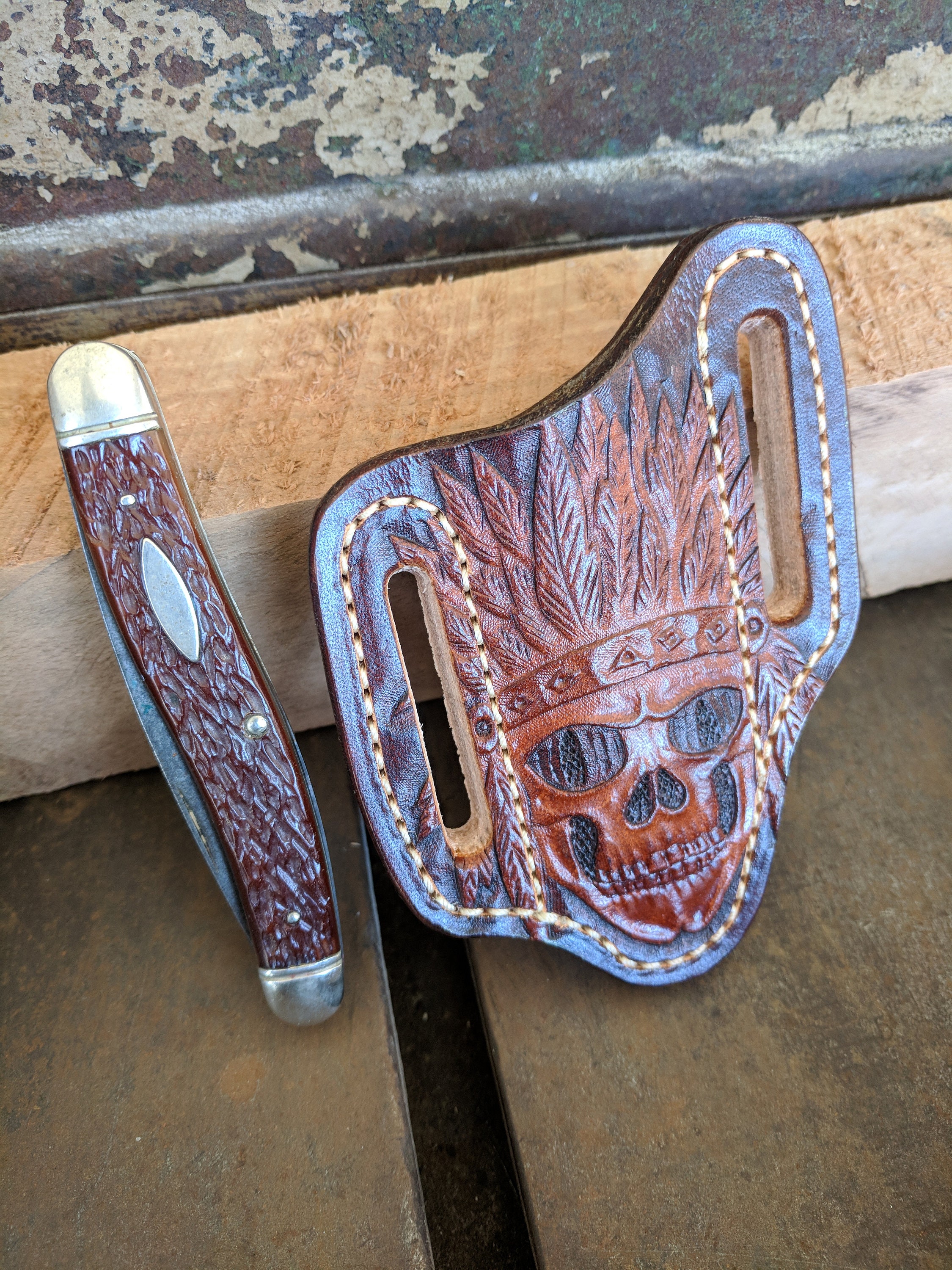 Hand Tooled Leather Knife Sheath with Brown Skull Design for Pocket Knife