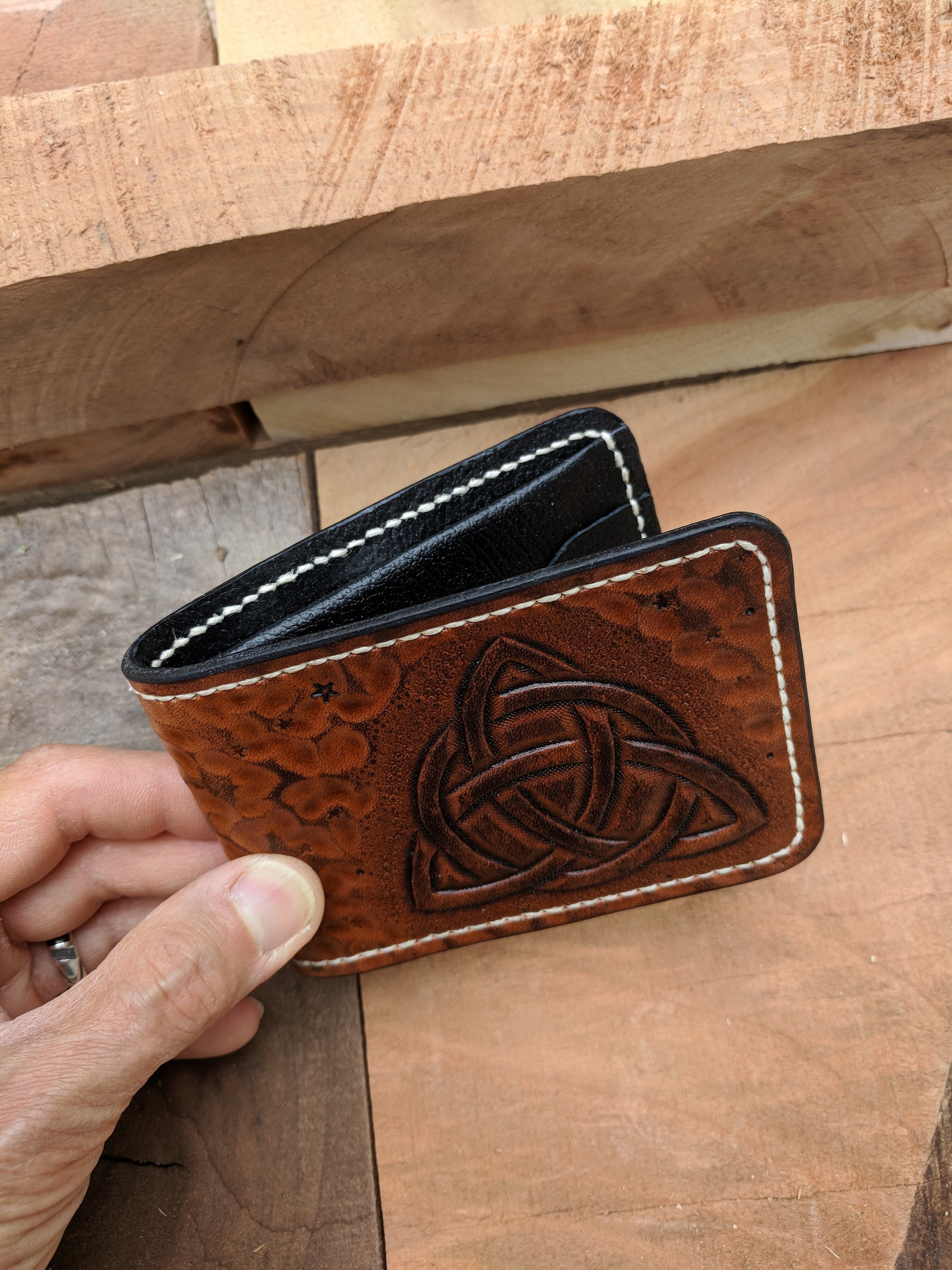 Mens Leather Wallet, Bifold Wallet with Celtic Trinity Knot and Celtic