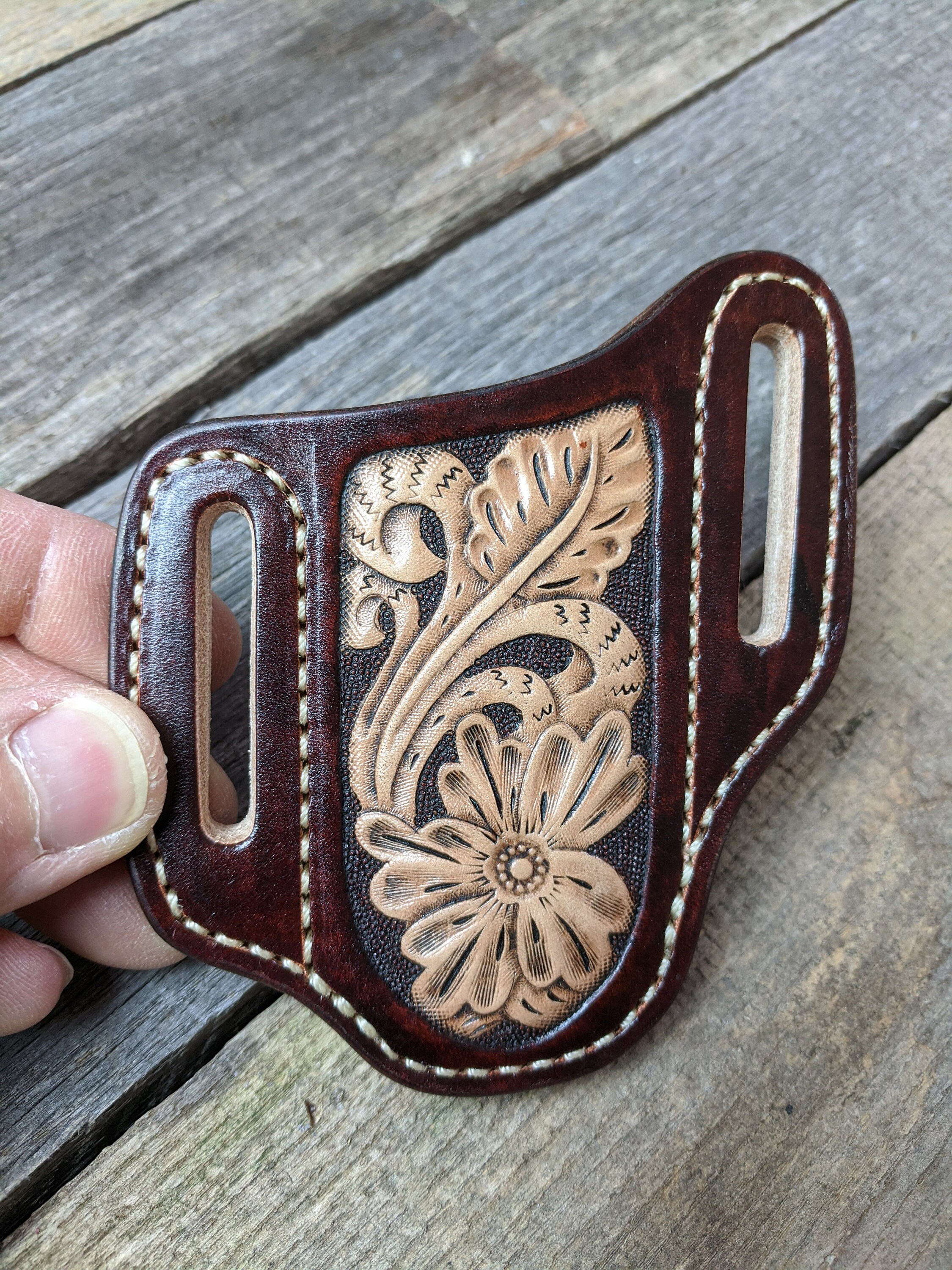 Tooled Leather Knife Sheath with Western Flower Design for Buck 112 Knife