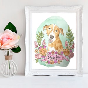 Floral Garland Custom Pet Portrait, Custom Pet Painting, Handmade Watercolor Dog Painting, Gift for Dog Mom, Custom Pet Illustration (1 Pet)