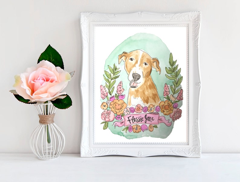 Floral Garland Custom Pet Portrait, Custom Pet Painting, Handmade Watercolor Dog Painting, Gift for Dog Mom, Custom Pet Illustration 1 Pet image 1