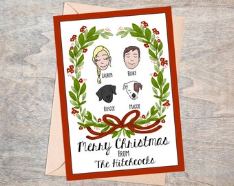 Custom Christmas Card, Custom Holiday Card, Custom Family Illustration, Custom Christmas Portrait, Custom Family Portrait, Red and Green