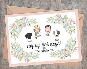 Custom Christmas Card, Custom Holiday Card, Family Illustration, Family Portrait, Peach and Blue