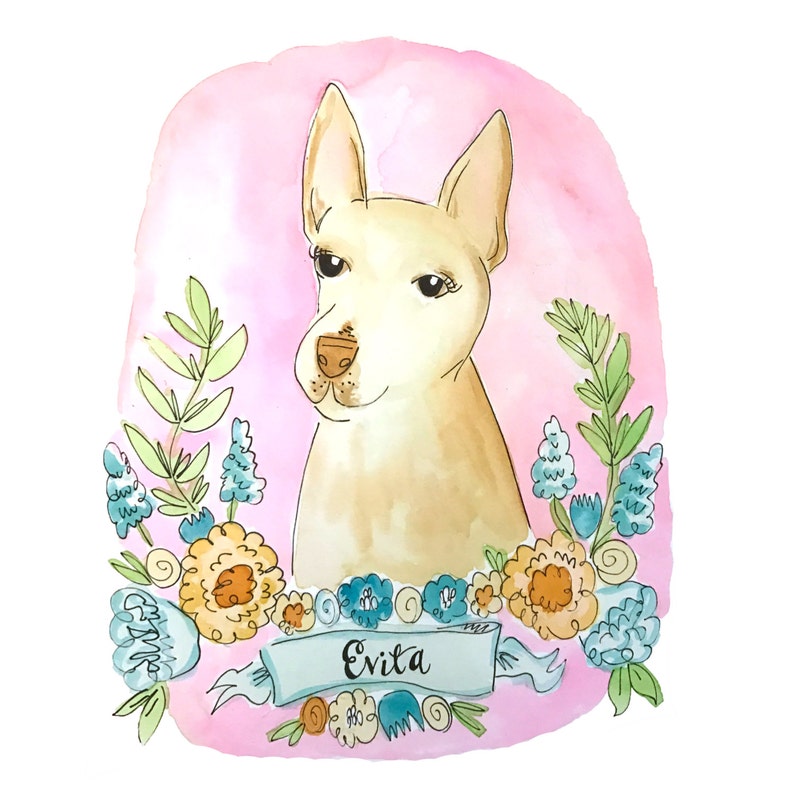 Floral Garland Custom Pet Portrait, Custom Pet Painting, Handmade Watercolor Dog Painting, Gift for Dog Mom, Custom Pet Illustration 1 Pet image 3
