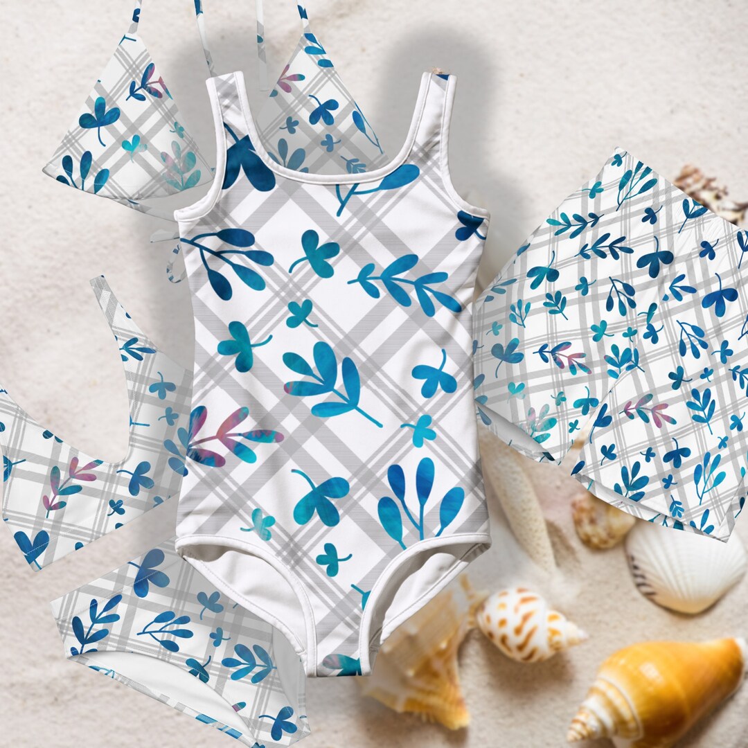 Matching Family Swimsuit Kids Mom and Me Bathing Suit Couples His and Hers Swimwear Gray Blue