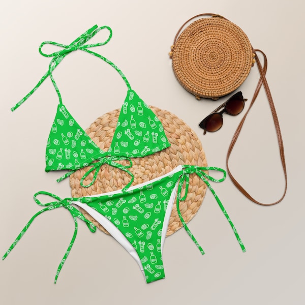 Green Mojito String Bikini, Summer Fun Swimwear - Rum, Limes, Mint, Mojitos, Alcohol Swimsuit, Two Piece Bathing Suit
