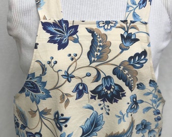 Blue floral Cotton Canvas Japanese Apron, Made In USA, Ready to Ship