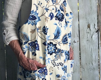 Blue floral Cotton Canvas Japanese Apron, Made In USA, Ready to Ship