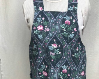 Vintage Floral Cotton Canvas Japanese Apron, Made In USA, Ready to Ship