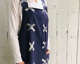 Navy Block Printed Japanese Apron/Linen Blend/ Ready to Ship/ Made is US/One of a Kind