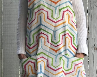 Japanese Style Cotton Apron, Colorful Geometric Print, Handmade in USA