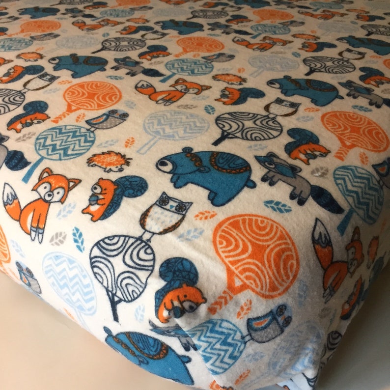 Flannel Fox Blue And Orange Crib Sheet Winter Nursery Etsy