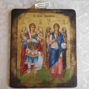 SAINTS TAXIARHES. Handmade greek religious icon based on mount Athos byzantine style.