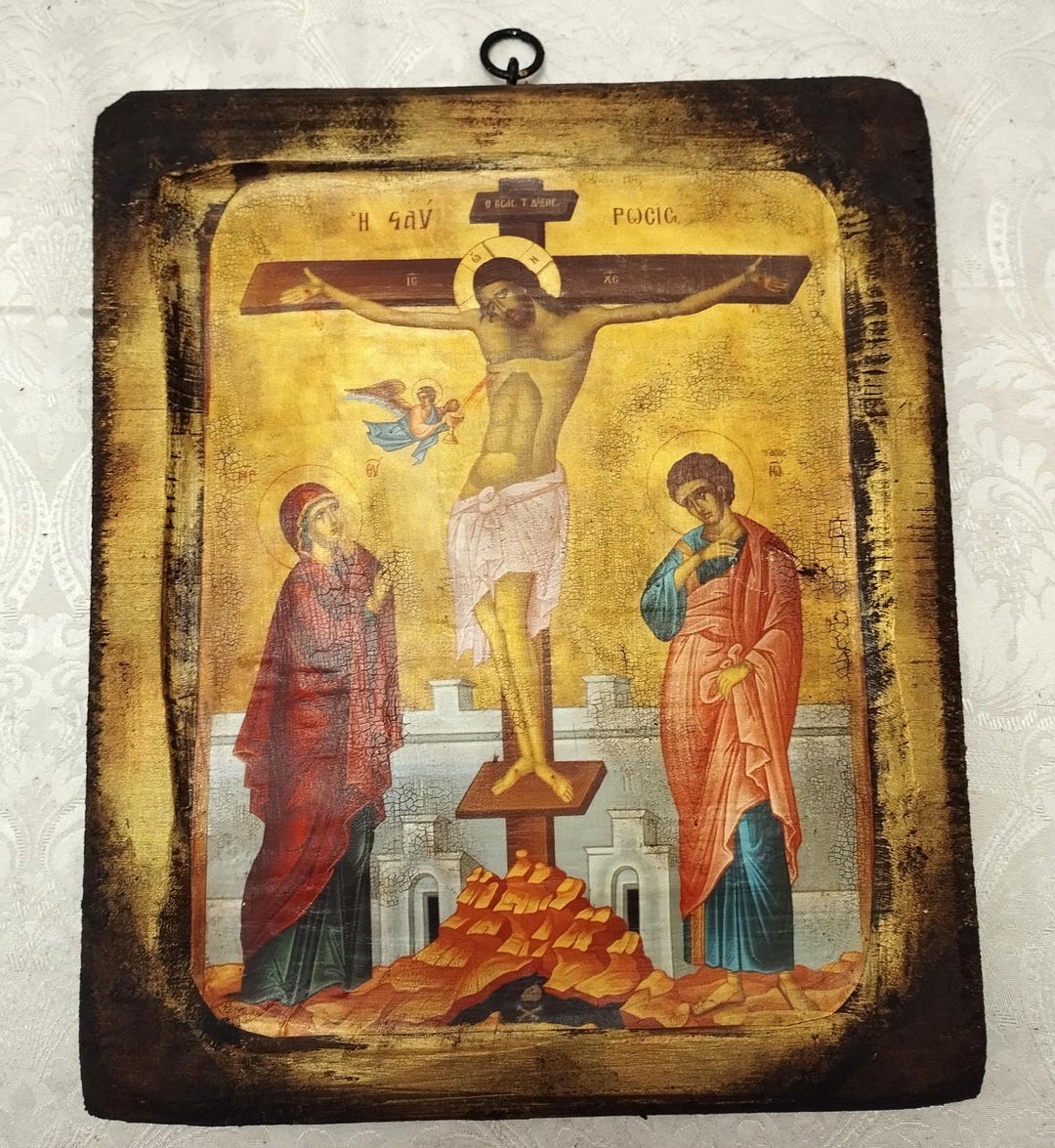 The Crucifixion of Christ, Orthodox Religious Handmade Greek Aged Icon ...
