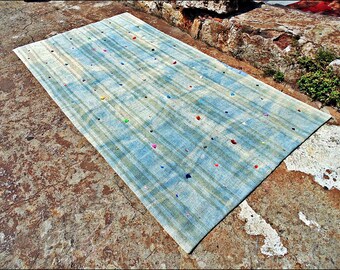 Ocean Color Primitive Boho Rug. Vintage Modernized Rug.  Nomadic Flat Woven. Hand Woven Anatolian Rug. 4' 7" x 8' 3" (139 x 252 cm) [1706]