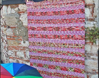 Recycled Kilim Rug. Vintage Turkish  Cotton Rug. Nomadic Flat Woven. Hand Woven Stripe Anatolian Rug. 4' 2" x 6' 6"  (128 x 199 cm) [3040]