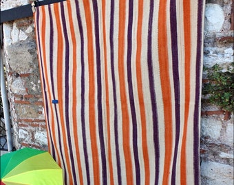 Striped Special Design Boho Vintage Turkish Kilim Rug.  Nomadic Flat Woven. Hand Woven Anatolian Rug. 4' 11" x 5' 1"  (150x155cm) [10318A]