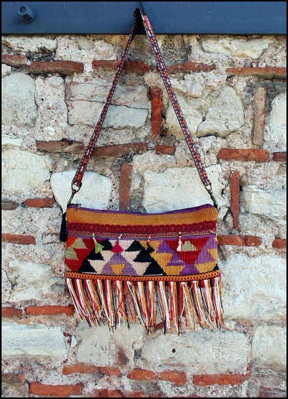 Modernized Boho Handmade Rug Tote Bag. Vintage Kil