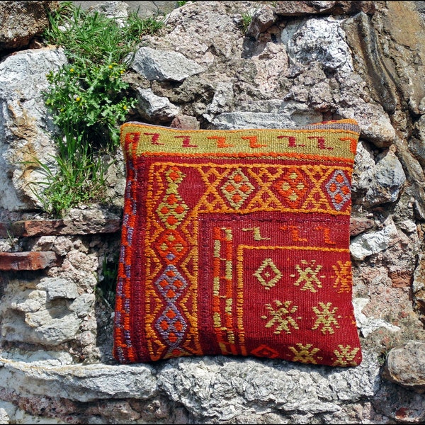 Unique Pattern Handmade Decorative Pillow Cover, Boho Turkish Kilim Pillow Case, Vintage Couch Pillow, Rustic Decor, Ottoman Pillow Case (U)