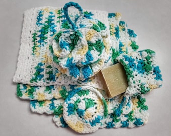 Spa Set | Crochet cloths, loofa, face scrubbie and soap saver