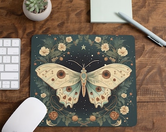 Cottagecore Luna Moth Mouse Pad - Dark Floral Design - Witchy Desk Accessory