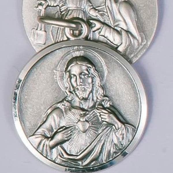 Sterling Silver Scapular Medal. Sacred Heart of Jesus with Our Lady of Mount Carmel on the reverse side.