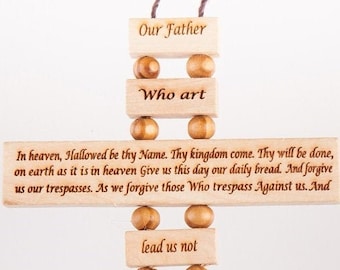 Olive Wood Our Father Cross. 6"(15cms) high. Made in the Holy Land. Made by Hand.