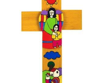 Boy's Guardian Angel Cross. 6" (15cm) wood Guardian Angel. Boy's Holy Communion Present. First Holy Communion gift for a Boy