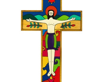 10" (25cms) Hand Painted Crucifix. Modern Style image of Christ Crucified. Wall Hanging Crucifix.