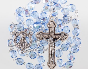 Sapphire Blue Crystal Rosary Beads. Rosary Made by Hand. Ornate Crucifix and Strong Wire Links.