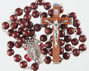 Hand Made Set of Brown Wood Rosary Beads. Extra strong double wired metal links.. Perfect First Holy Communion Gift.