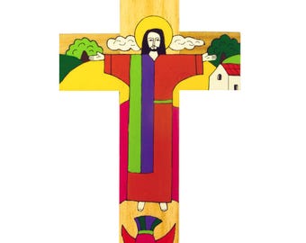 4"(10cms) Hand painted Wood Crucifix. Beautiful bright colours and imagery. Made by Hand in Latin America. Lovely First Holy Communion Gift.