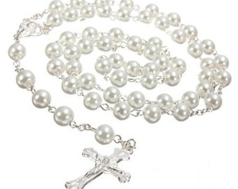 White Pearl Rosary Beads. Pearl Rosary Beads. Holy Communion Gift.Hand made Rosary Beads. Lovely First Holy Communion Gift.