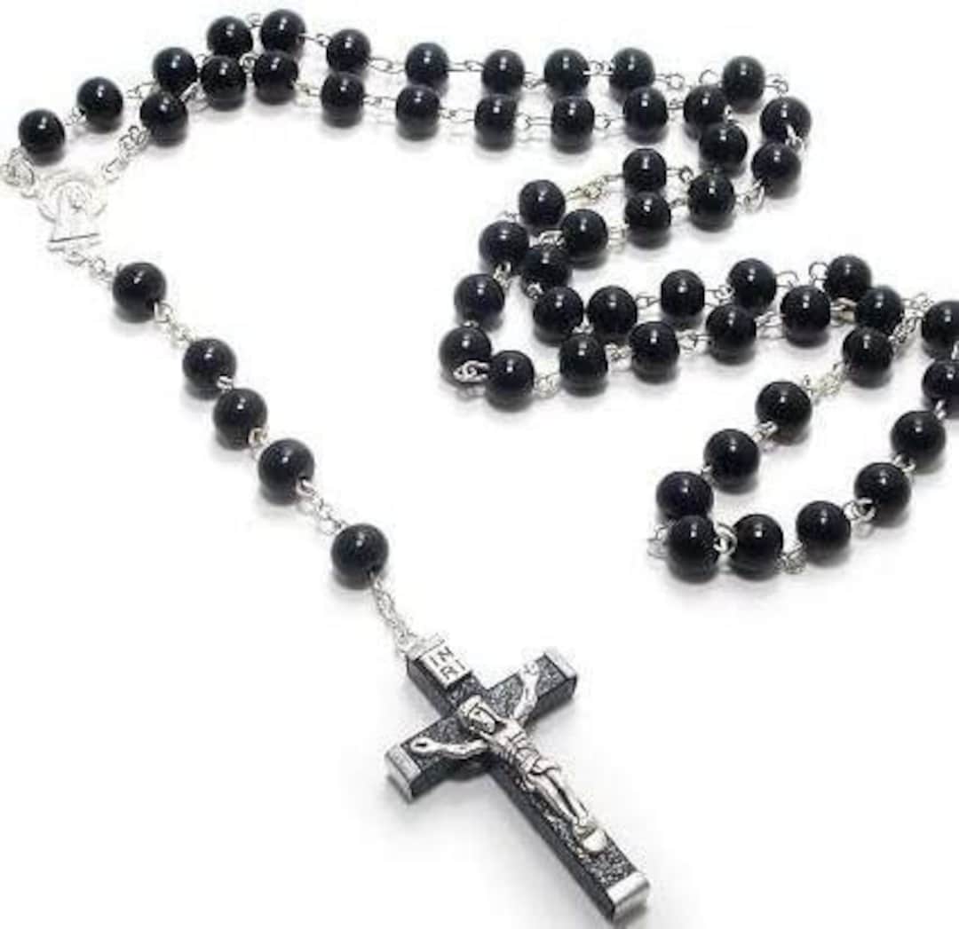 ROSARY BEADS WOOD PATTERNED BEAD BLACK
