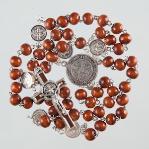 Saint Benedict Rosary. Brown Wood Bead Hand Made Rosary. St Benedict Medal. St Benedict Crucifix.