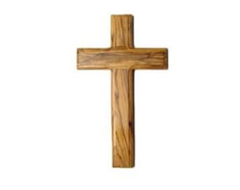 May include: A wooden cross with a natural brown finish. The wood grain is visible and adds a rustic touch.
