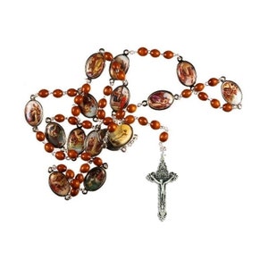 Stations of the Cross Rosary Beads. Brown Wood Beads with Stations of the Cross Medals. Unique Rosary made by hand.
