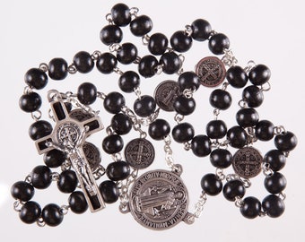 Saint Benedict Rosary. Black Wood Beads Rosary. Made by Hand. St Benedict Crucifix. Saint Benedict Medal.