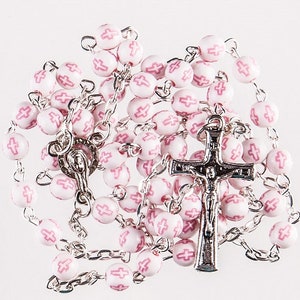 Rosary Beads. Pink Cross Design on each Bead. Lovely Gift for First Holy Communion. Supplied in Organza Gift Bag.