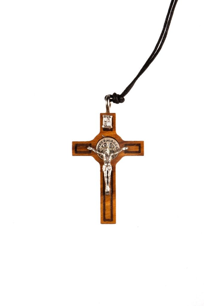 Saint Benedict Wood Crucifix Pendant Necklace On Cord | Catholic Religious Jewelry (1.77 In)