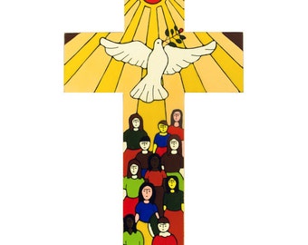 May include: A wooden cross with a yellow background and a white dove with an olive branch in its beak. The dove is surrounded by a sunburst. Below the dove, there are 12 people of different skin tones and clothing colors.