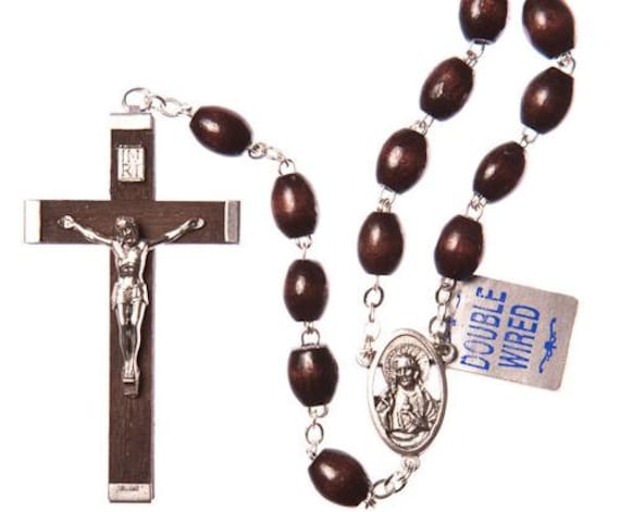 Extra strong brown oval wooden rosary beads in gift box mens Miraculous center