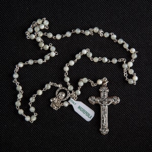 Unique Genuine Mother of Pearl Rosary Beads. A lovely Baptism or First Holy Communion Present.