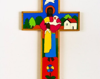 6" (15 cms) hand made and painted wooden cross. Christ as the Good Shepherd. A lovely First Holy Communion Gift