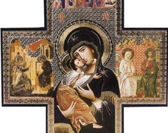 Beautiful Gold Foil Icon of Our Lady and the Child Jesus. 6"x6"(15cms x 15cms). Cross design shape. Perfect for hanging on the wall.