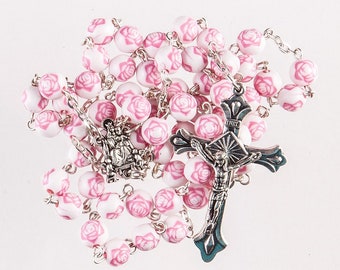 Pink 'Rose' Rosary Beads. Unique set of Rosary Beads. Perfect First Holy Communion Gift.